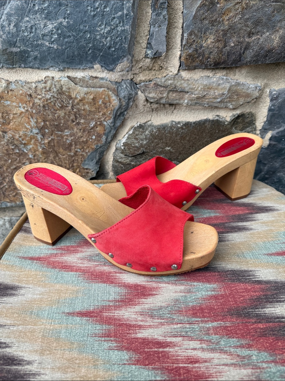 The Leather Collection Slip On Suede Wood Block Heel Clog Sandals in Red Size 11